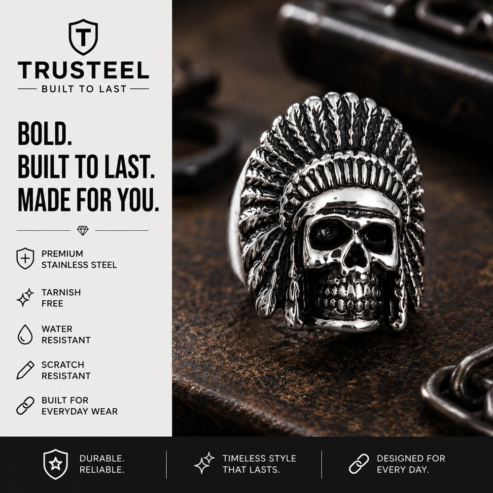 Men’s 316L Stainless Steel biker Indian skull biker skull Ring Size 9